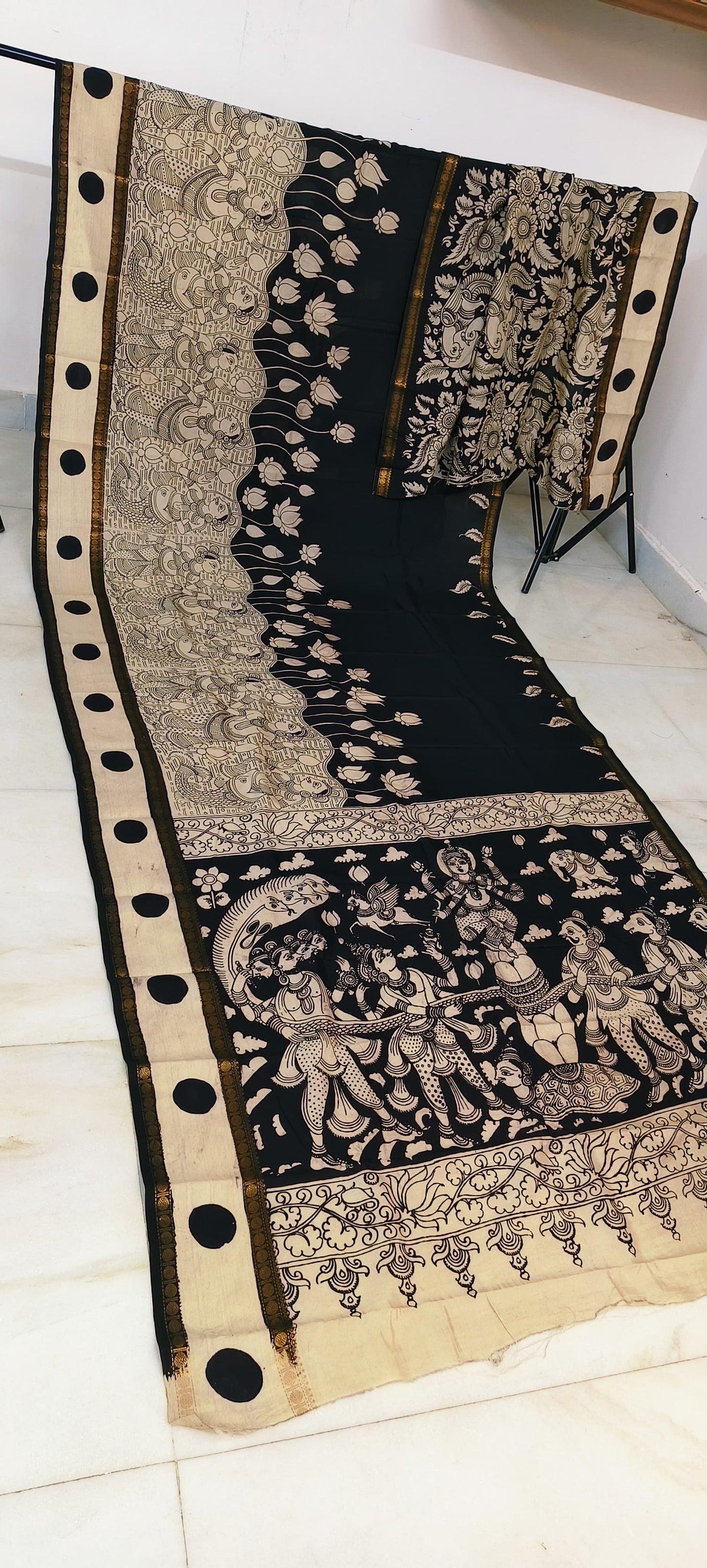 Pre Order Kalamkari Bangalore silk with designer zari border black and white sarees