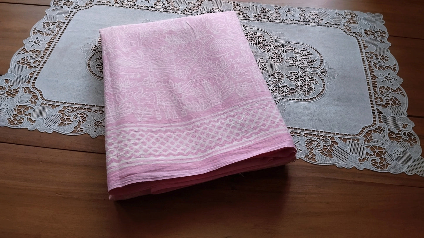 Soft hand printed premium Pink mulmul cotton saree withOUT blouse