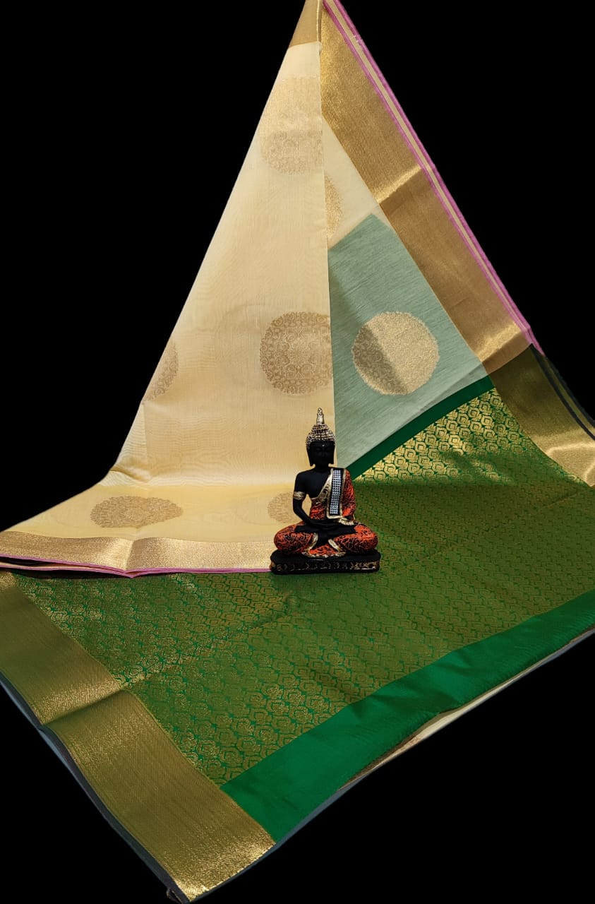 Pre-order Handloom Mercerized silk cotton sarees with all over chakra butta and korvai design.