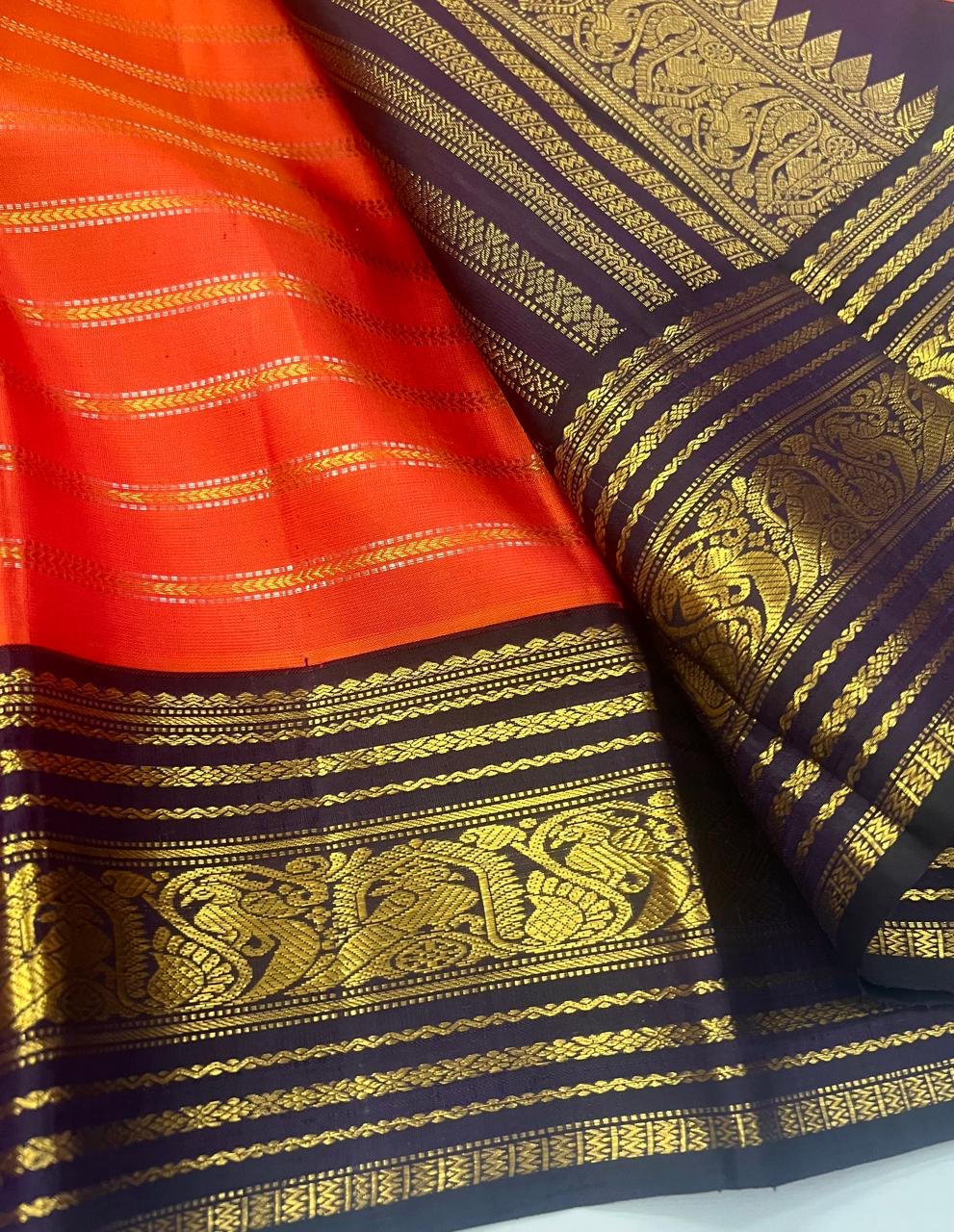 KANCHIPURAM PURE SILK HANDLOOM SAREE WITH 2G JARI : New Arrival unique piece : ORANGE LOVE