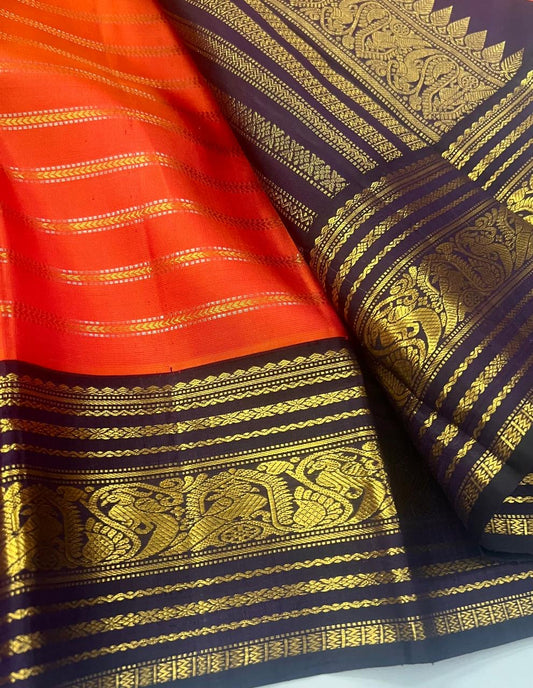 KANCHIPURAM PURE SILK HANDLOOM SAREE WITH 2G JARI : New Arrival unique piece : ORANGE LOVE