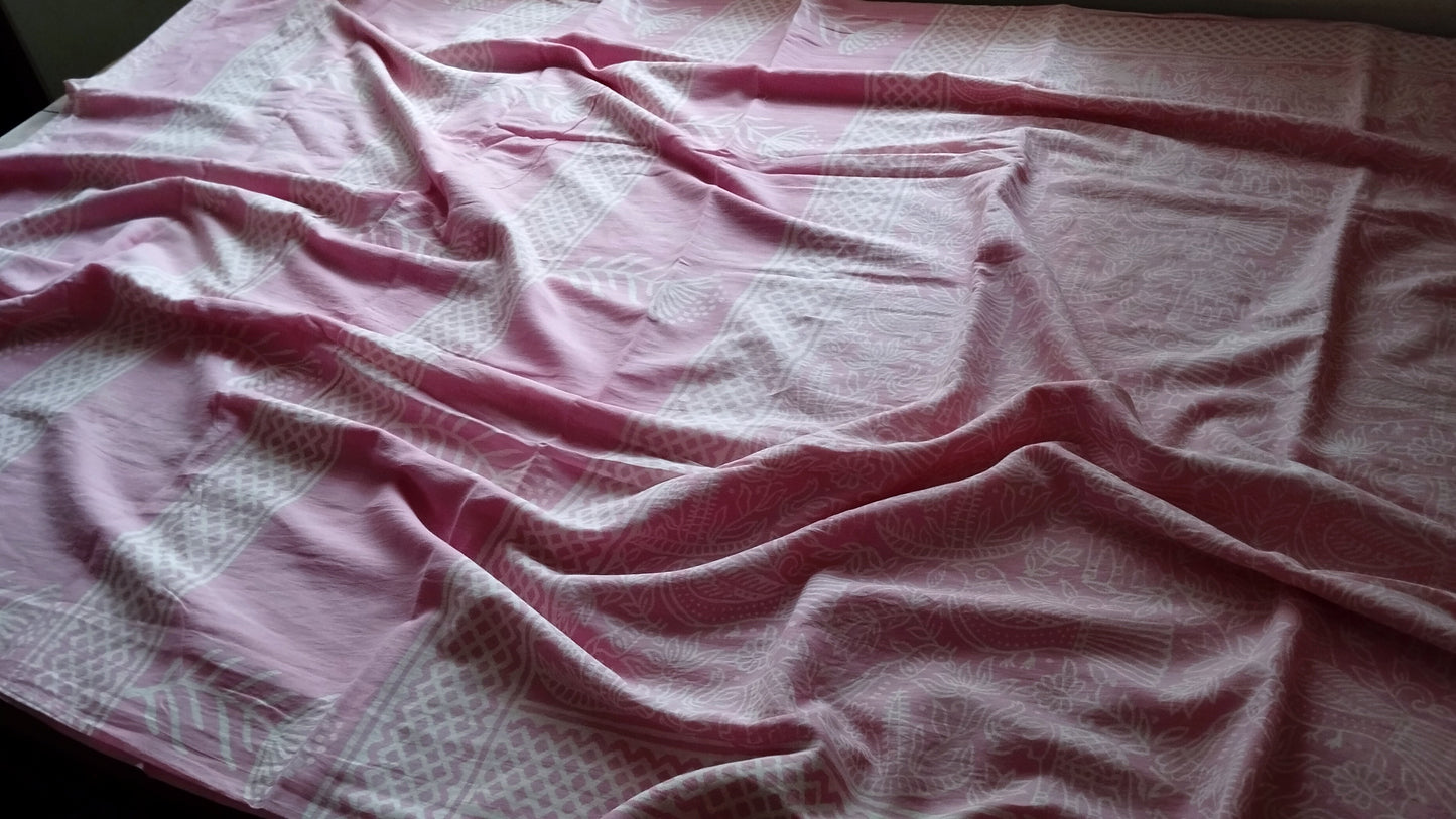 Soft hand printed premium Pink mulmul cotton saree withOUT blouse