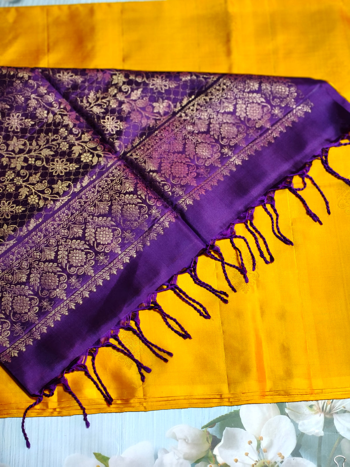 Bright yellow with dark purple beautiful handloom pure soft silk saree
