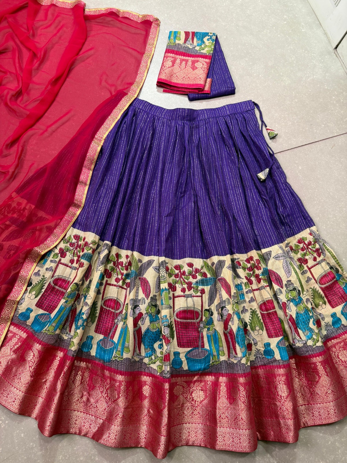 NITRIYA catalogue Fancy Semi stitched  Poly Chanderi lehenga, designed with delicate Zari stripes and enhanced with Kalamkari prints - New arrival ready for dispatch