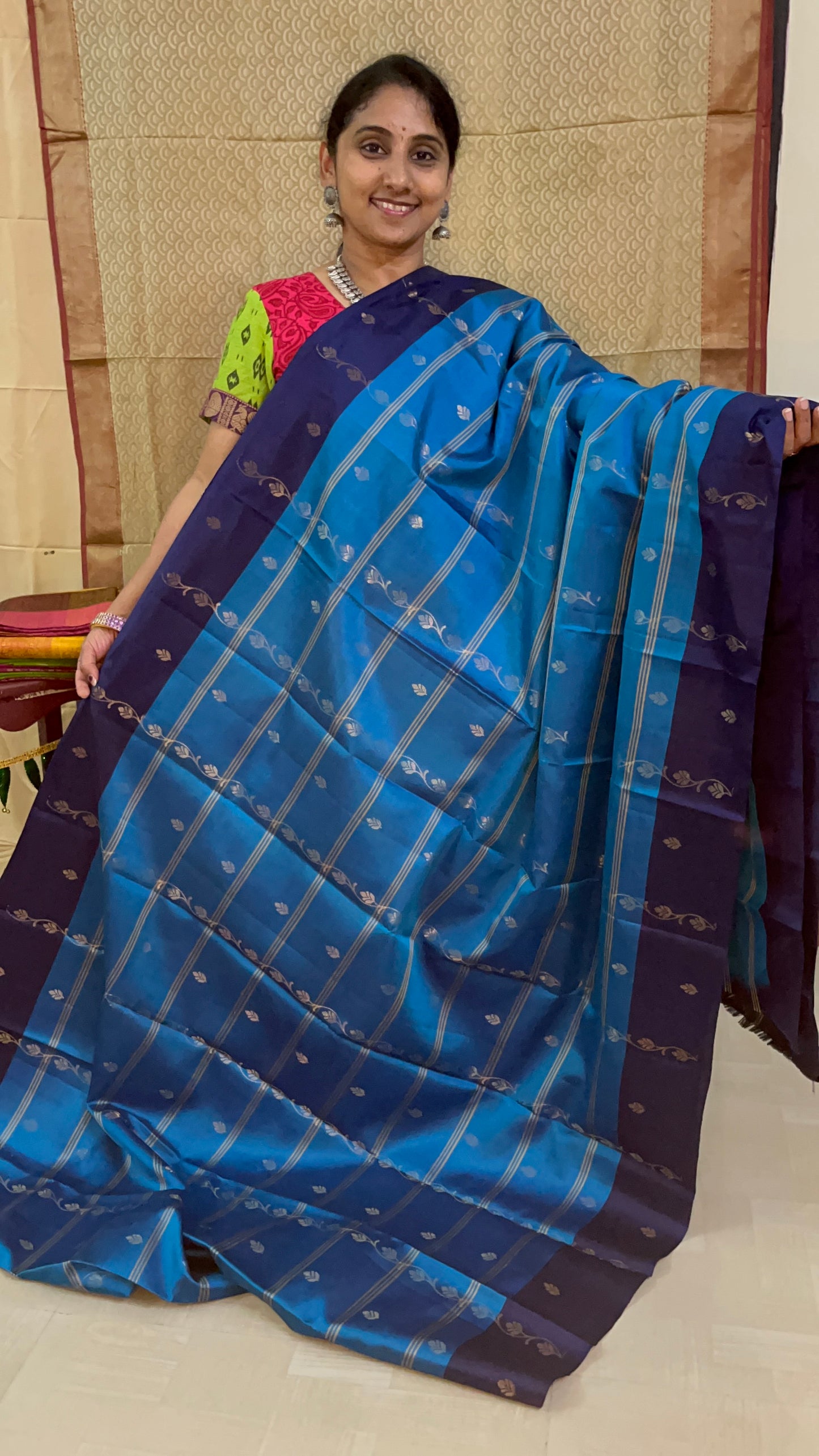 New arrival: Handloom Double Warp beautiful sky blue with navy blue triple striped floral Soft Silk Saree