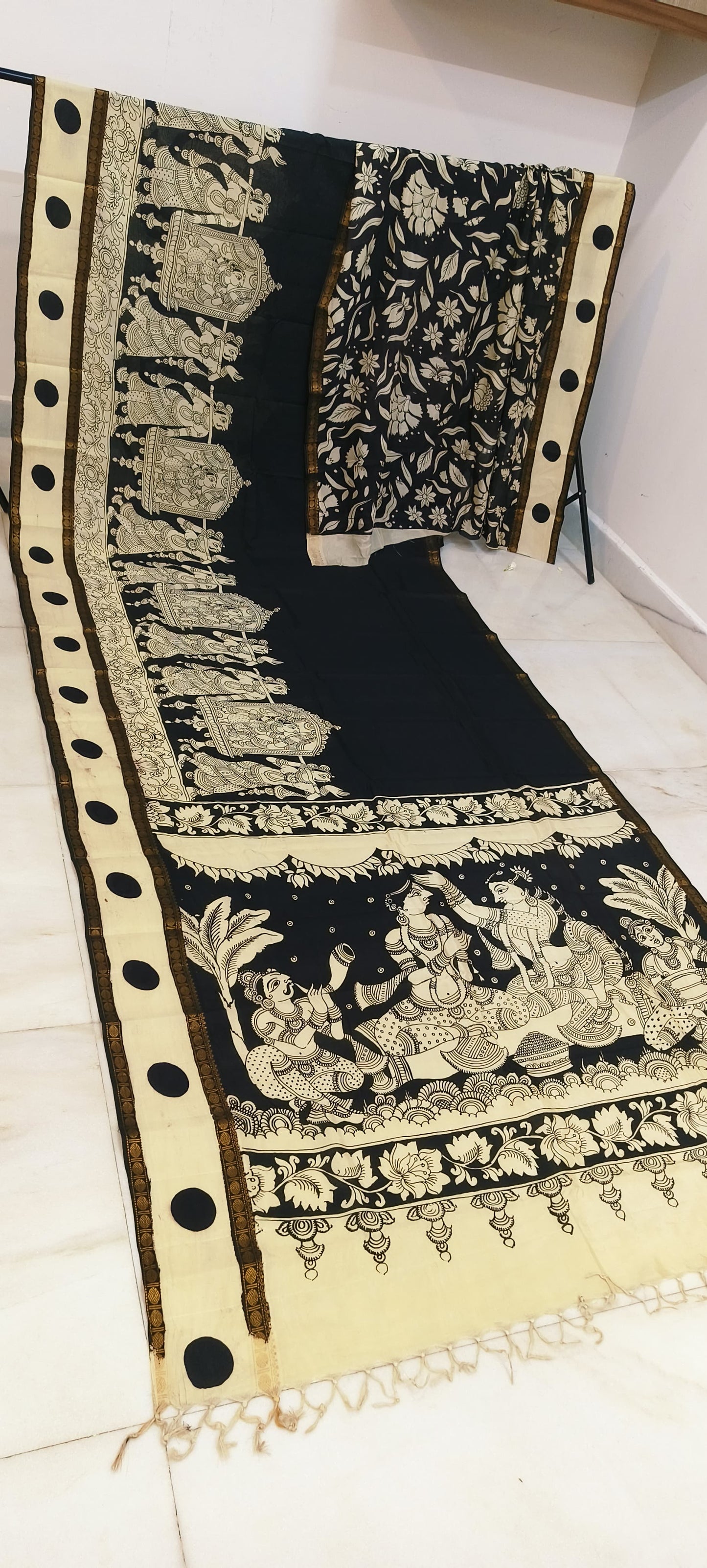 Pre Order Kalamkari Bangalore silk with designer zari border black and white sarees