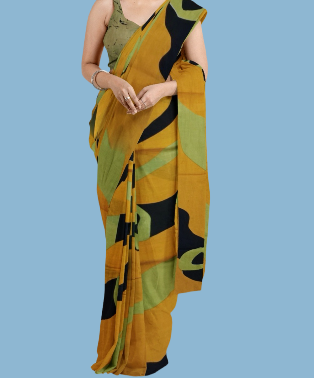 Beautiful Handblock printed pure cotton mulmul saree with blouse