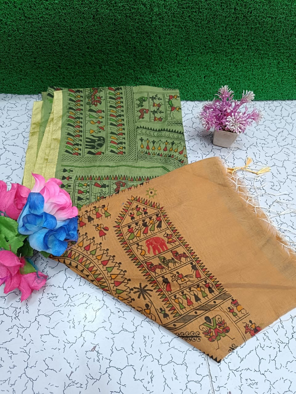 Pre-order Lovely Madhubani block print saree Cotton silk - Contact by chat for colour availability