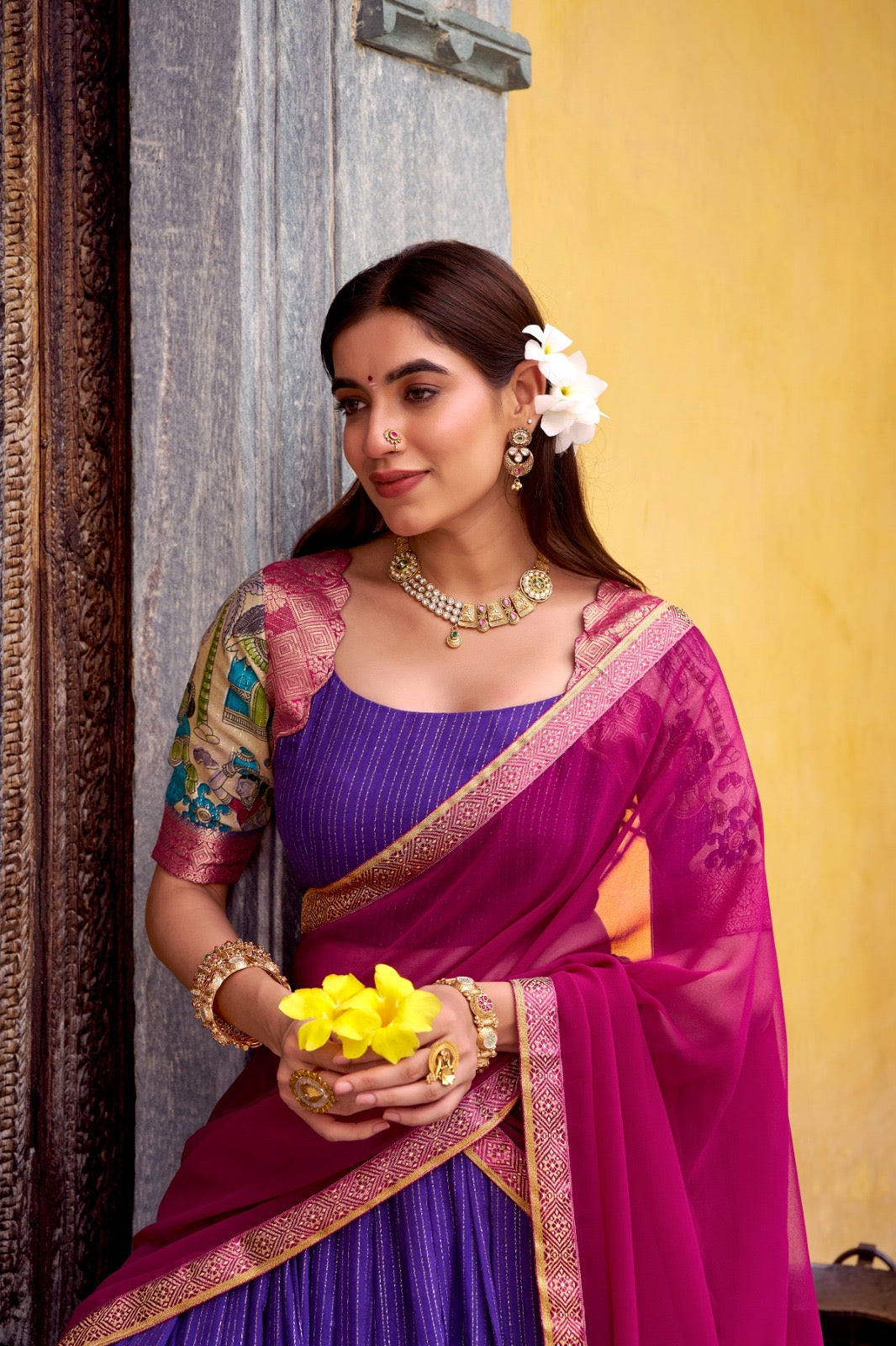 NITRIYA catalogue Fancy Semi stitched  Poly Chanderi lehenga, designed with delicate Zari stripes and enhanced with Kalamkari prints - New arrival ready for dispatch