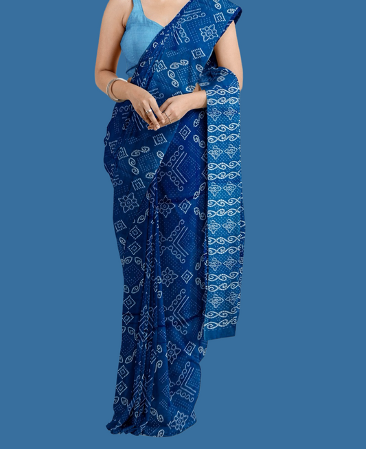 Beautiful Handblock printed pure cotton mulmul saree with blouse