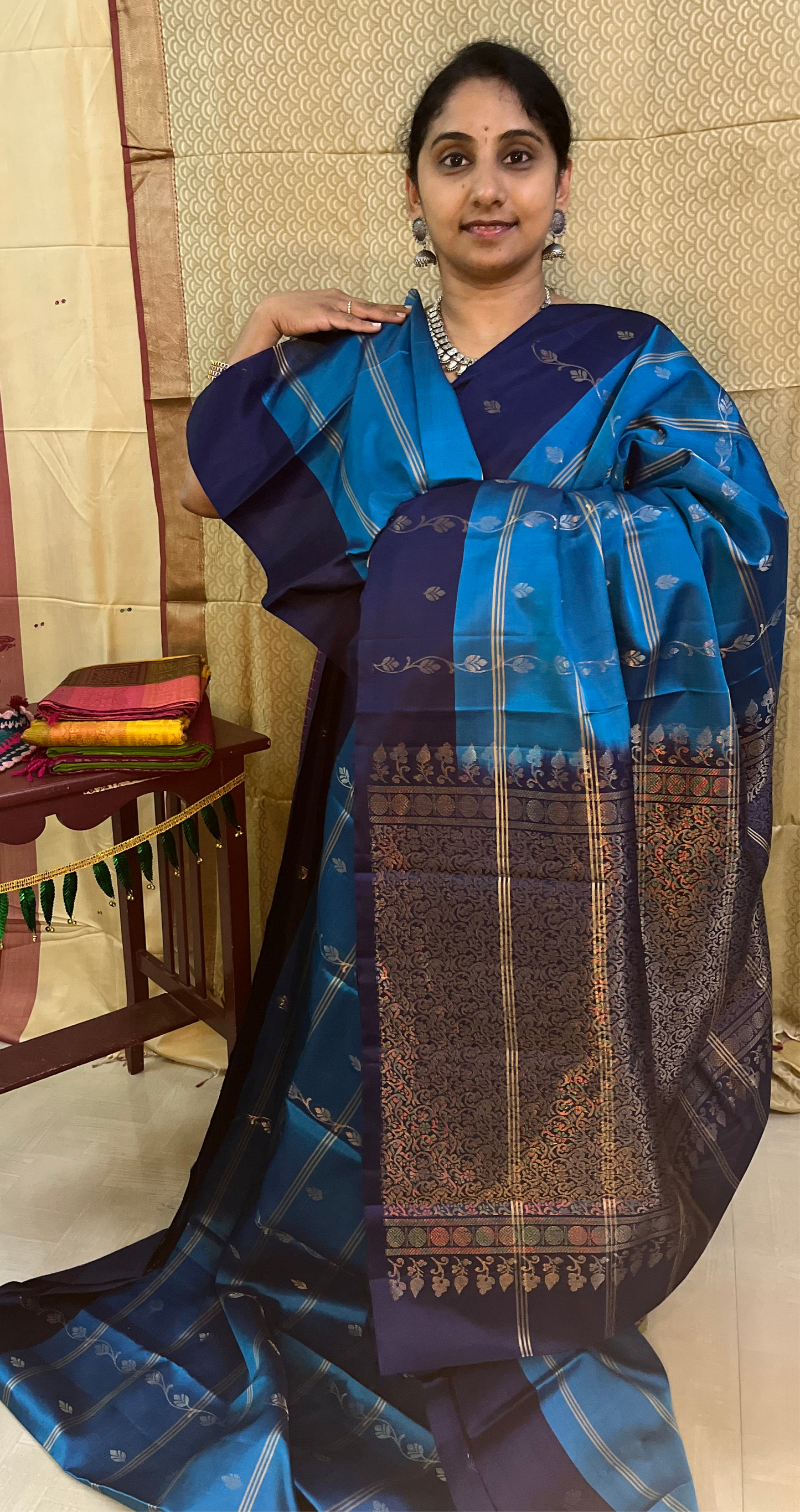 New arrival: Handloom Double Warp beautiful sky blue with navy blue triple striped floral Soft Silk Saree