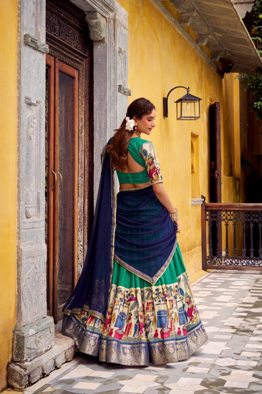 NITRIYA catalogue Fancy Semi stitched  Poly Chanderi lehenga, designed with delicate Zari stripes and enhanced with Kalamkari prints - New arrival ready for dispatch