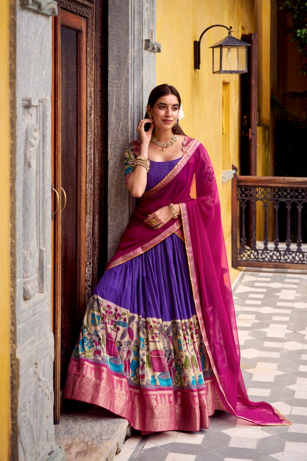 NITRIYA catalogue Fancy Semi stitched  Poly Chanderi lehenga, designed with delicate Zari stripes and enhanced with Kalamkari prints - New arrival ready for dispatch