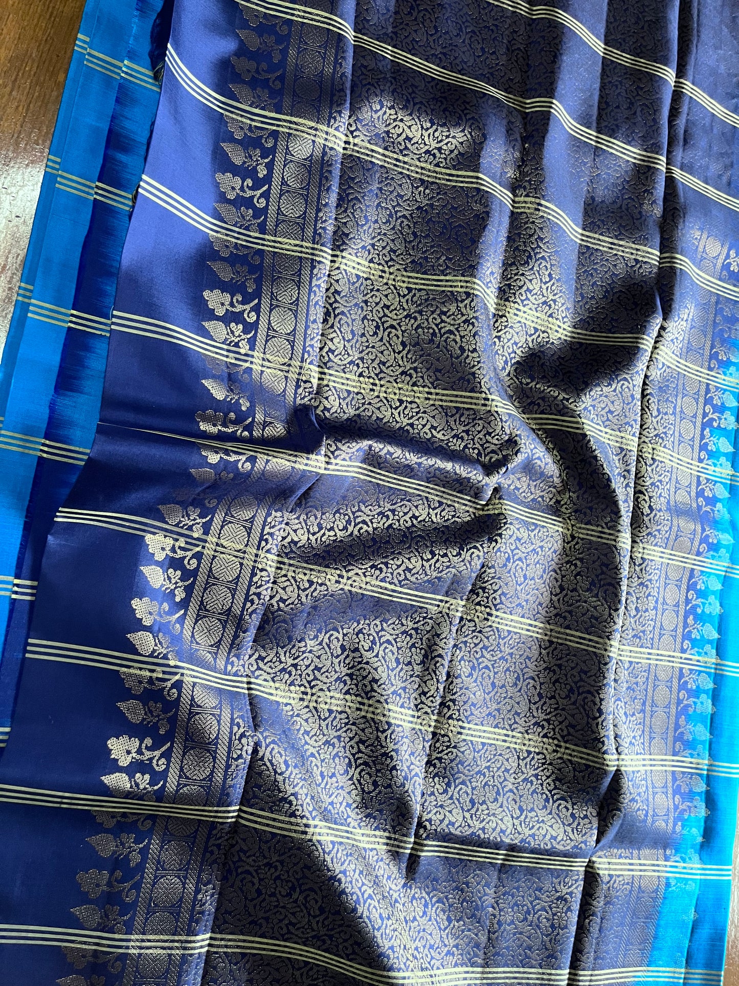 New arrival: Handloom Double Warp beautiful sky blue with navy blue triple striped floral Soft Silk Saree
