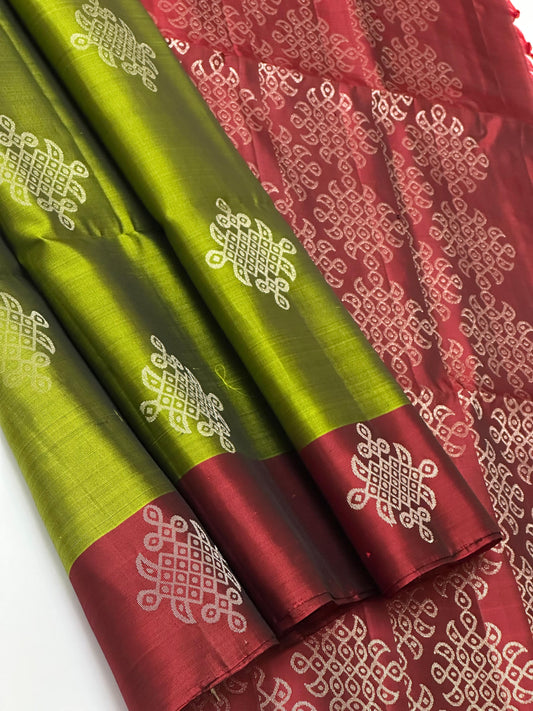 PURE HANDLOOM SOFT SILK RANGOLI/KOLAM BUTTAS ALL OVER SAREE