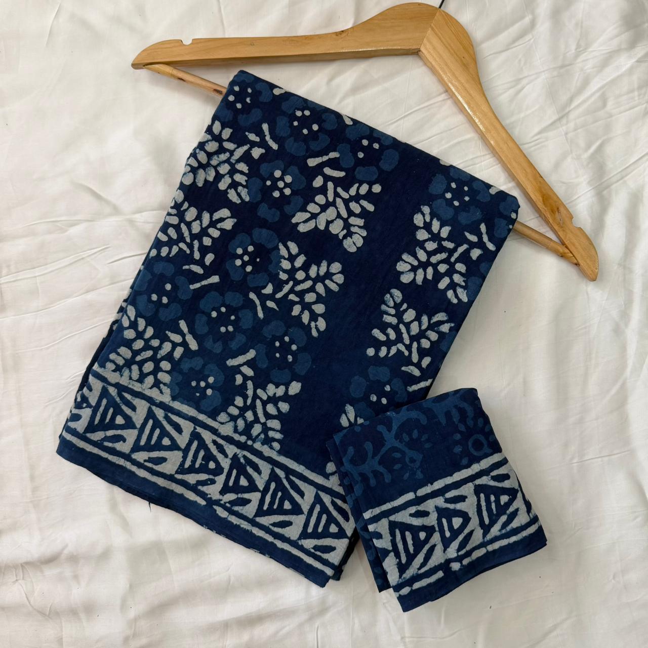 Pre-Order Bagru handBlock Print Cotton mulmul Sarees With Running Blouse