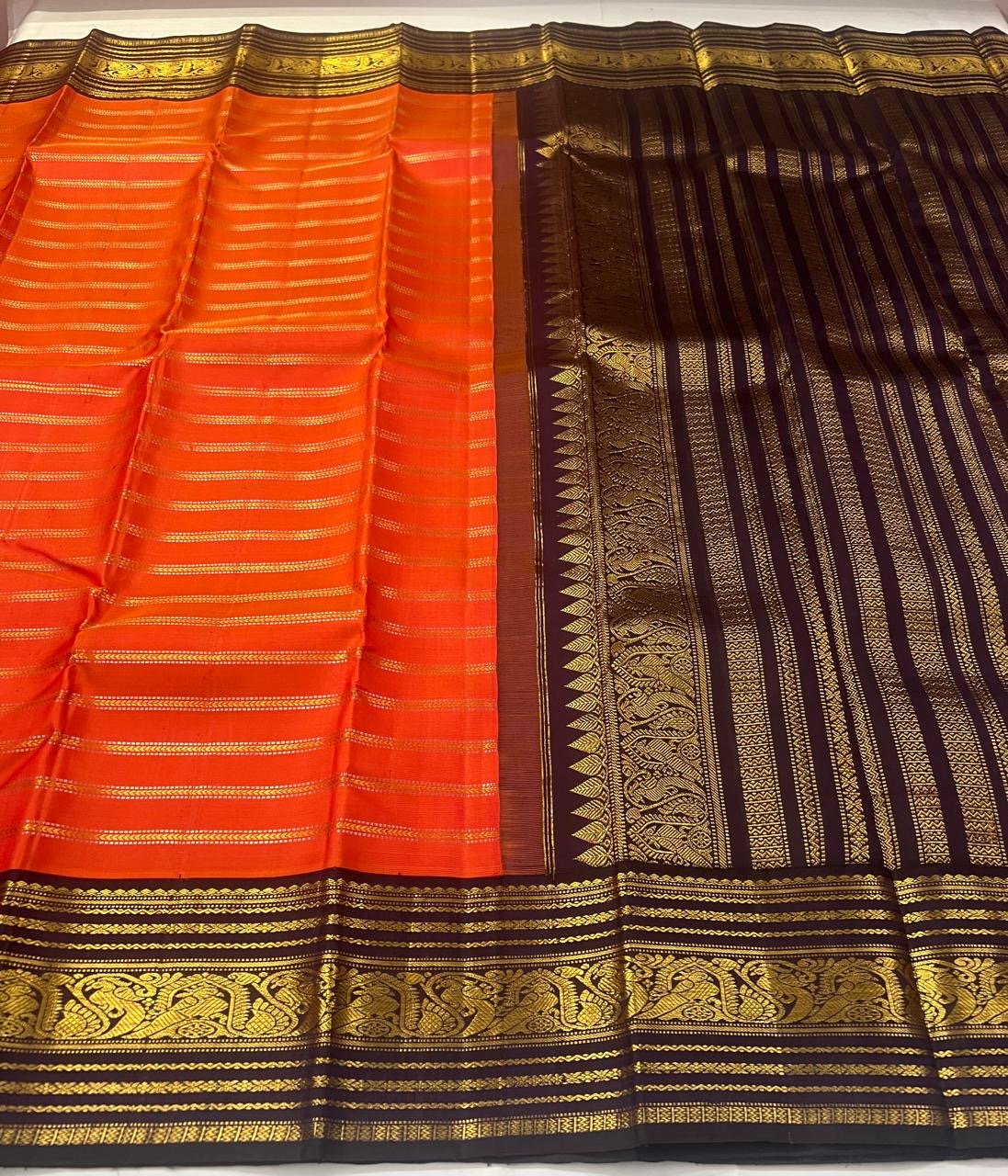 KANCHIPURAM PURE SILK HANDLOOM SAREE WITH 2G JARI : New Arrival unique piece : ORANGE LOVE