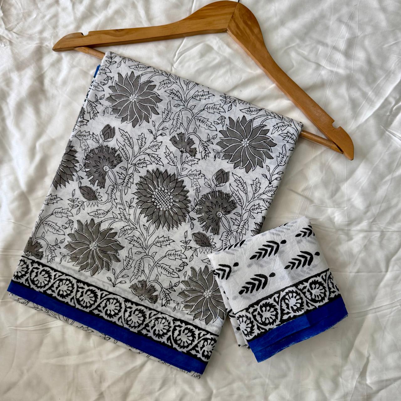 Pre-Order Bagru handBlock Print Cotton mulmul Sarees With Running Blouse