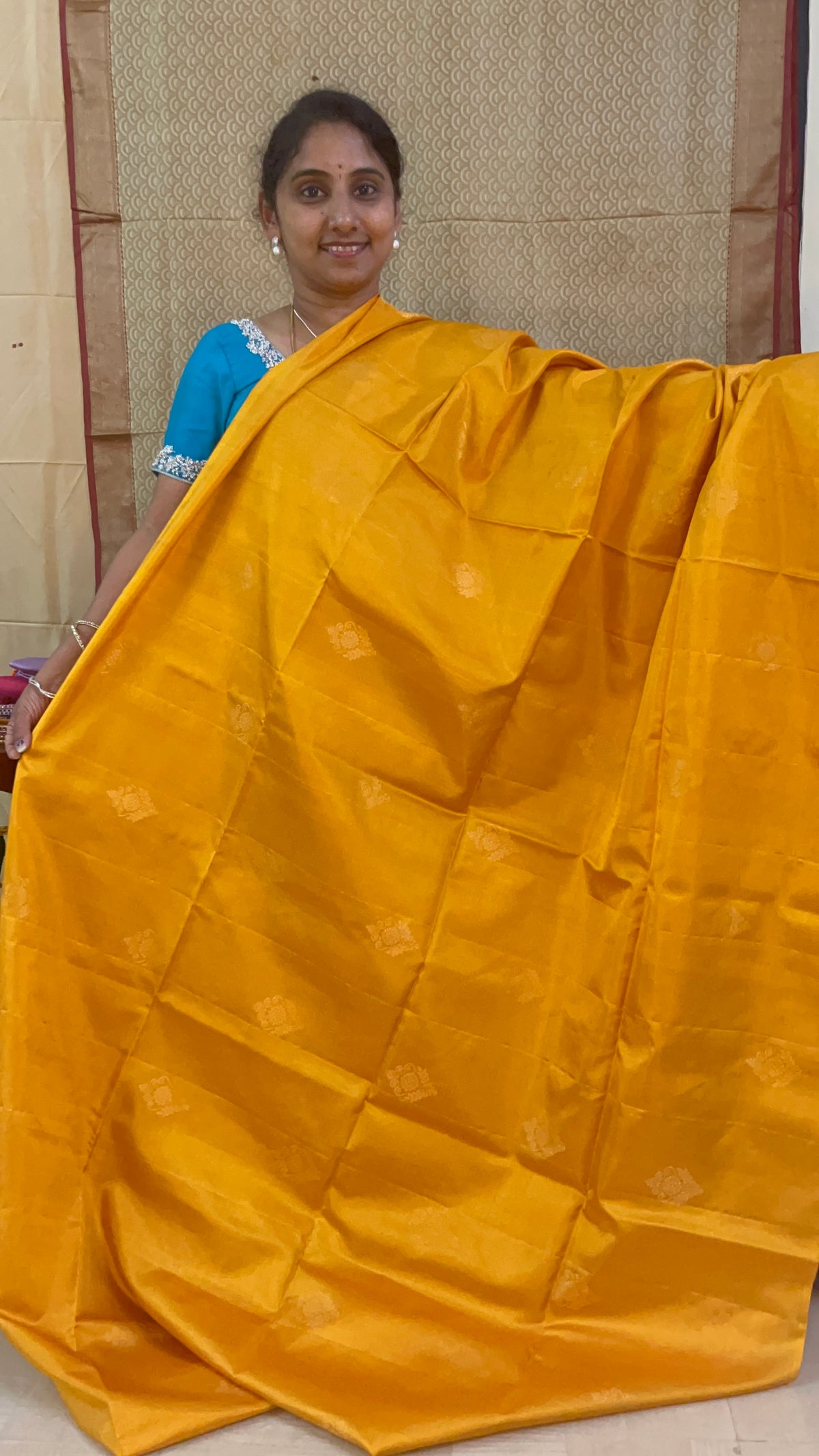 Bright yellow with dark purple beautiful handloom pure soft silk saree