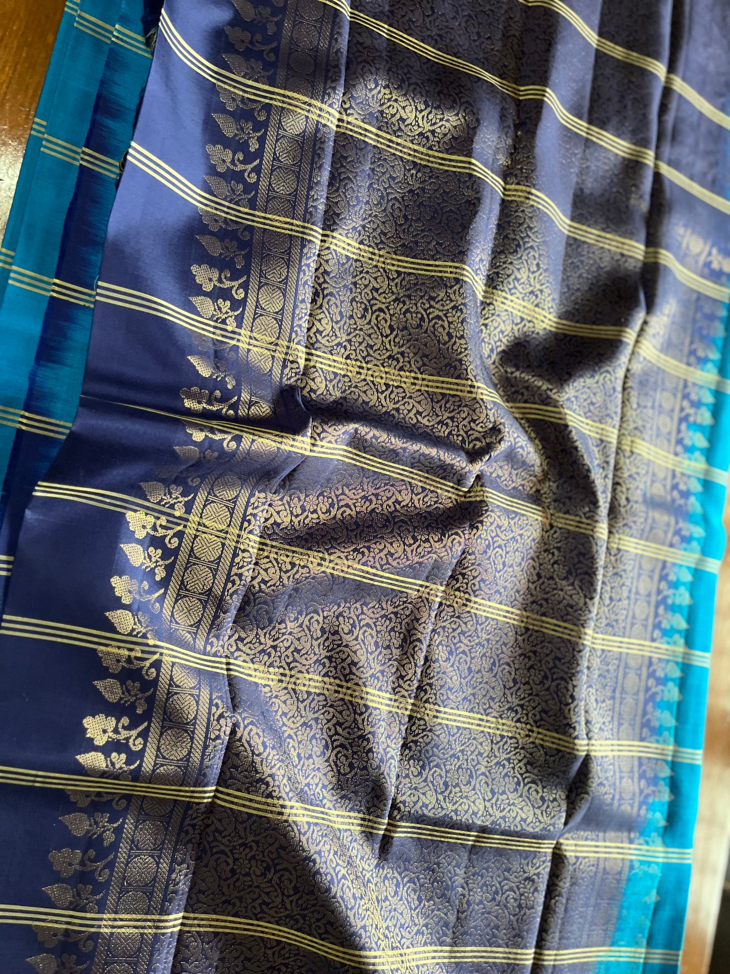 New arrival: Handloom Double Warp beautiful sky blue with navy blue triple striped floral Soft Silk Saree