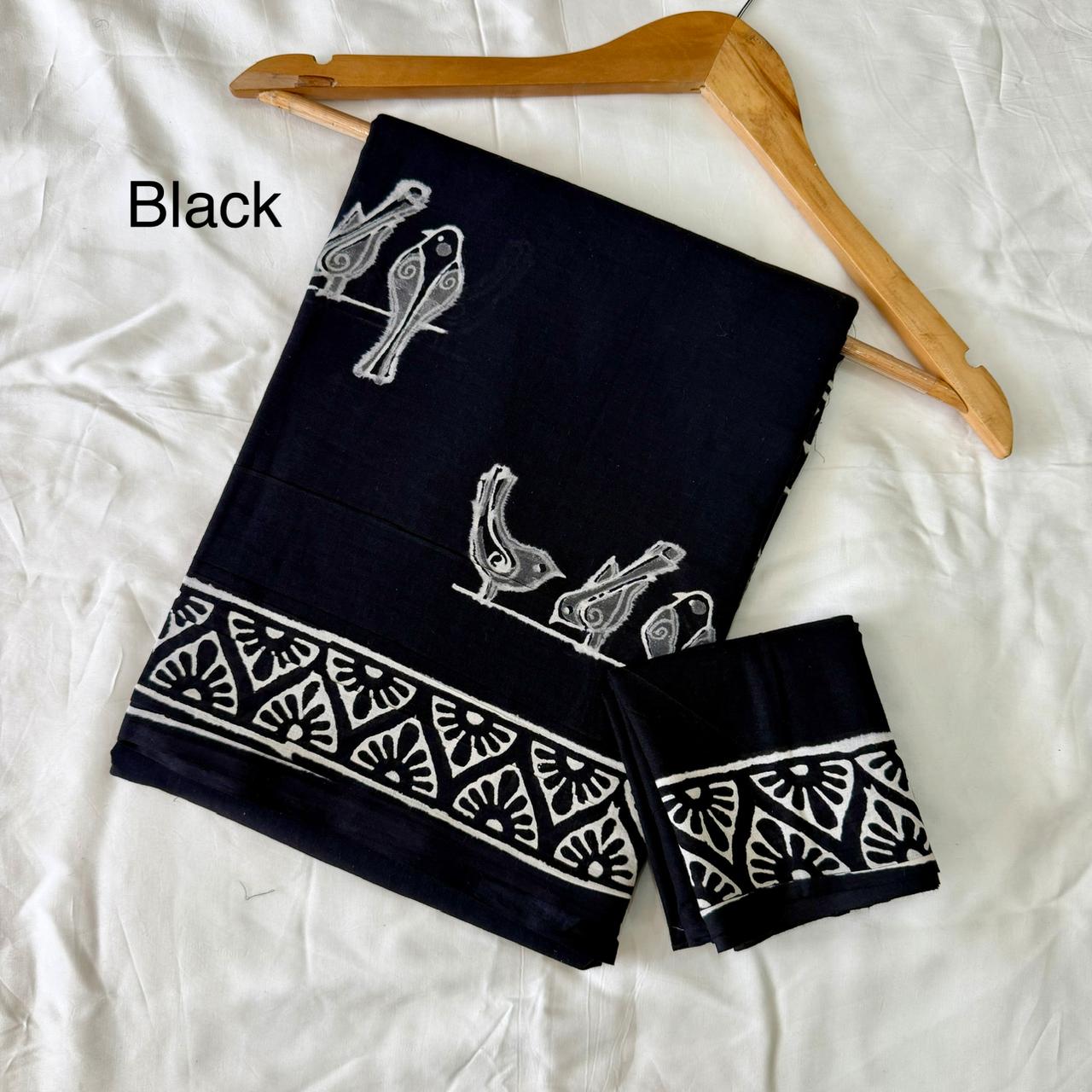 Pre-Order Black Bagru handBlock Print Cotton mulmul Sarees With Running Blouse