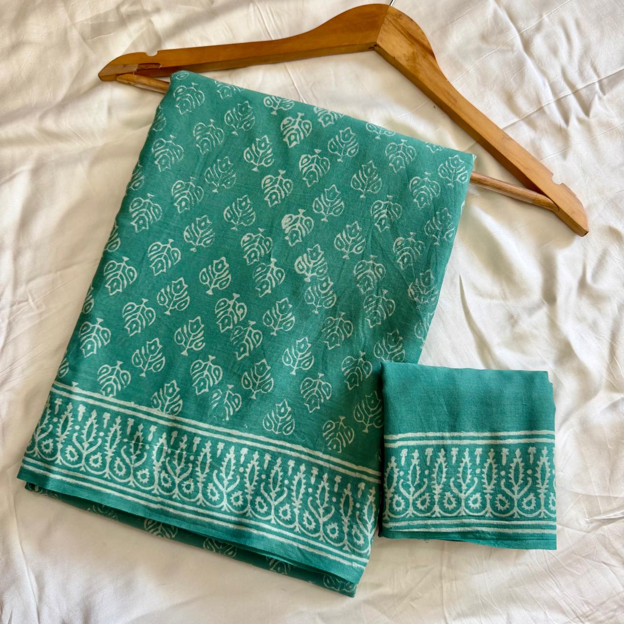 Pre-Order Bagru handBlock Print Cotton mulmul Sarees With Running Blouse