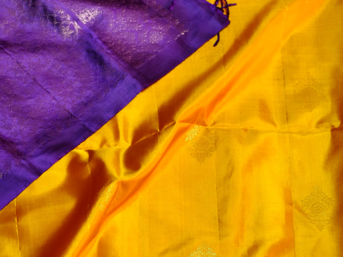 Bright yellow with dark purple beautiful handloom pure soft silk saree