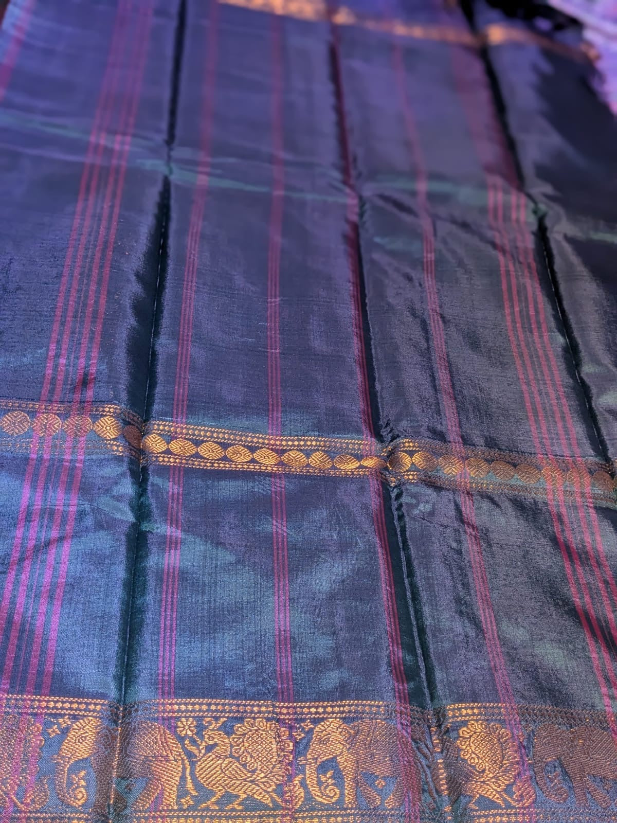 Brand New design Banana Silk Saree without blouse : GRAPE BODY WITH COPPER ZARI AND  PEACOCK BLUE PALLU.