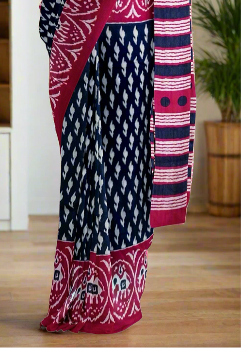 Beautiful Handblock printed pure cotton mulmul saree with blouse