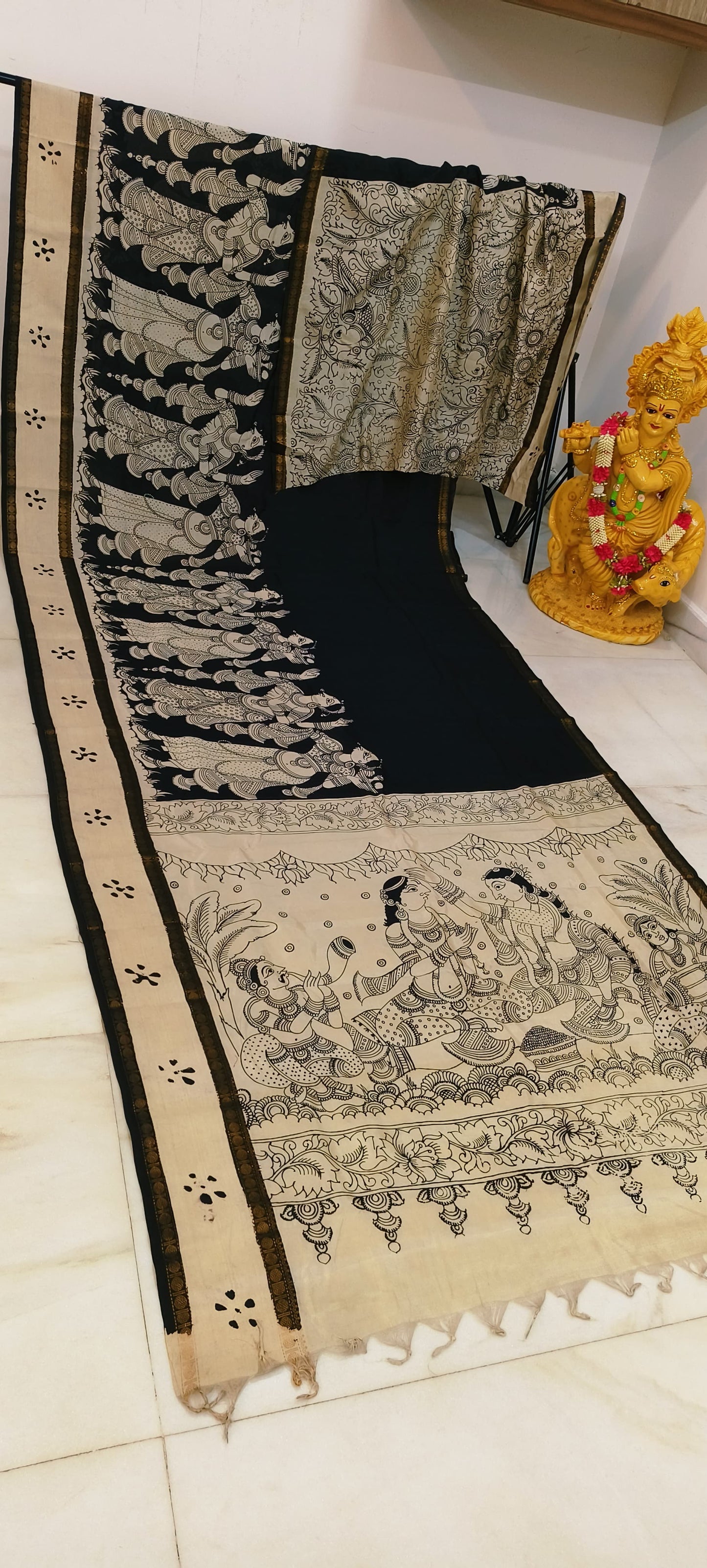 Pre Order Kalamkari Bangalore silk with designer zari border black and white sarees