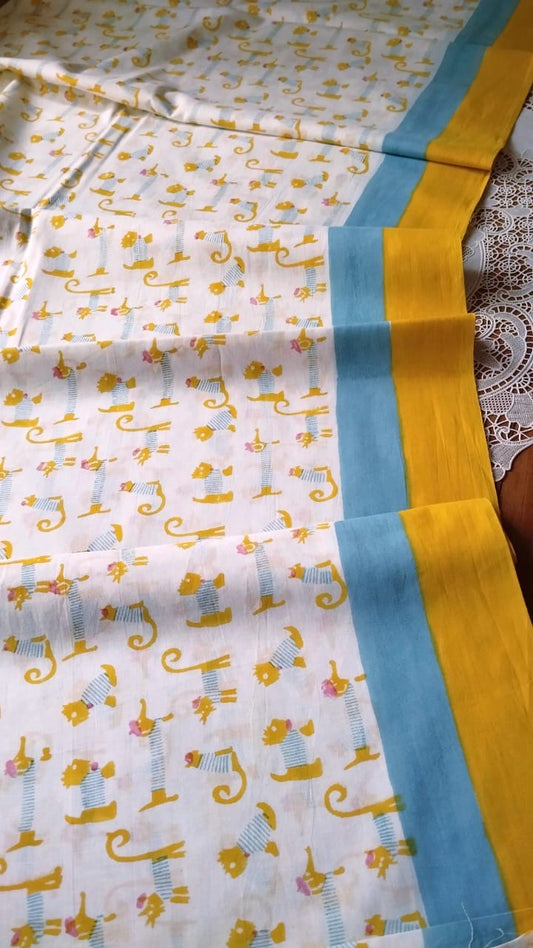 Soft hand printed premium mulmul cotton saree with blouse