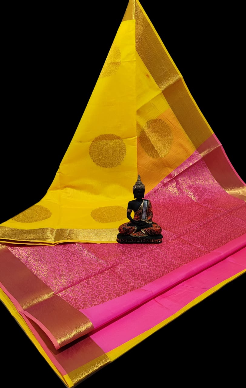 Pre-order Handloom Mercerized silk cotton sarees with all over chakra butta and korvai design.