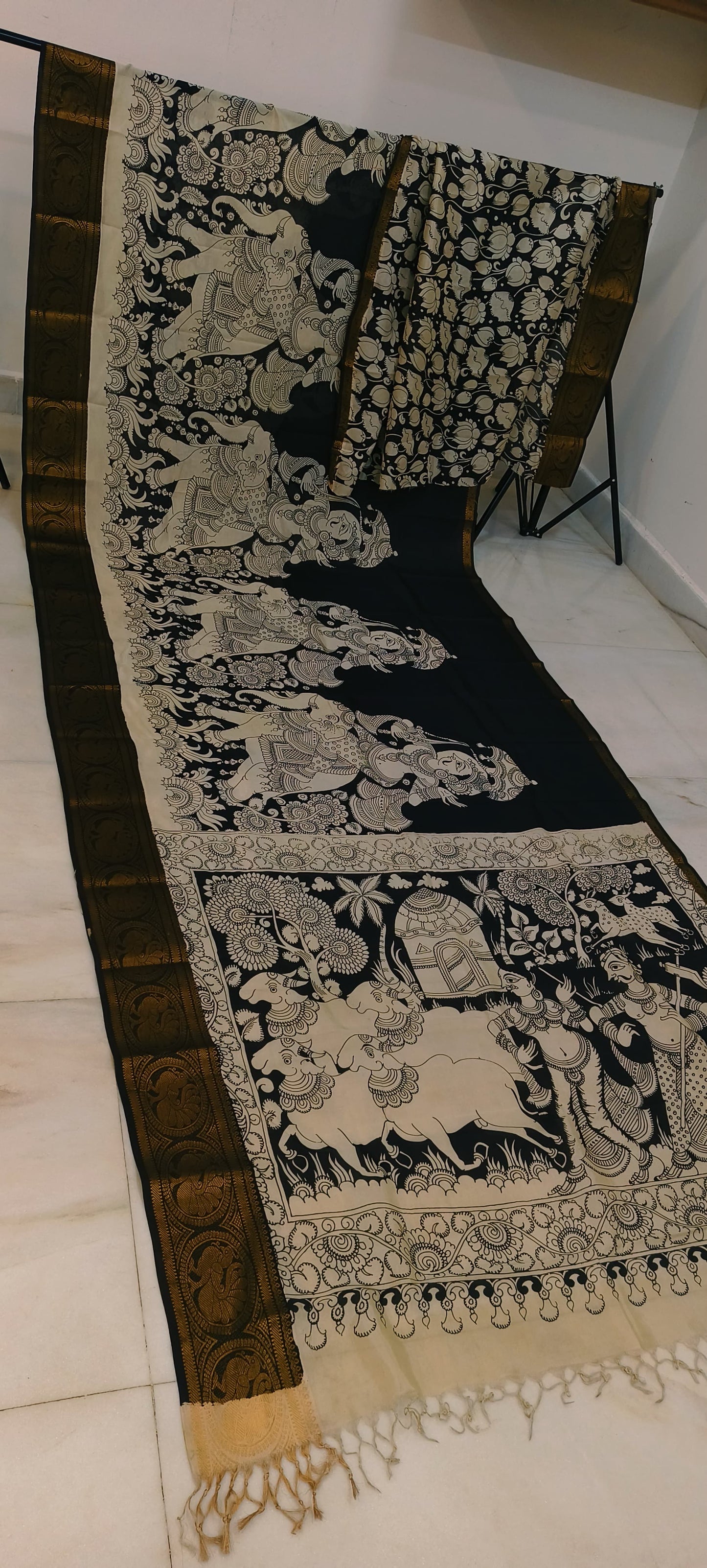 Pre Order Kalamkari Bangalore silk with designer zari border black and white sarees