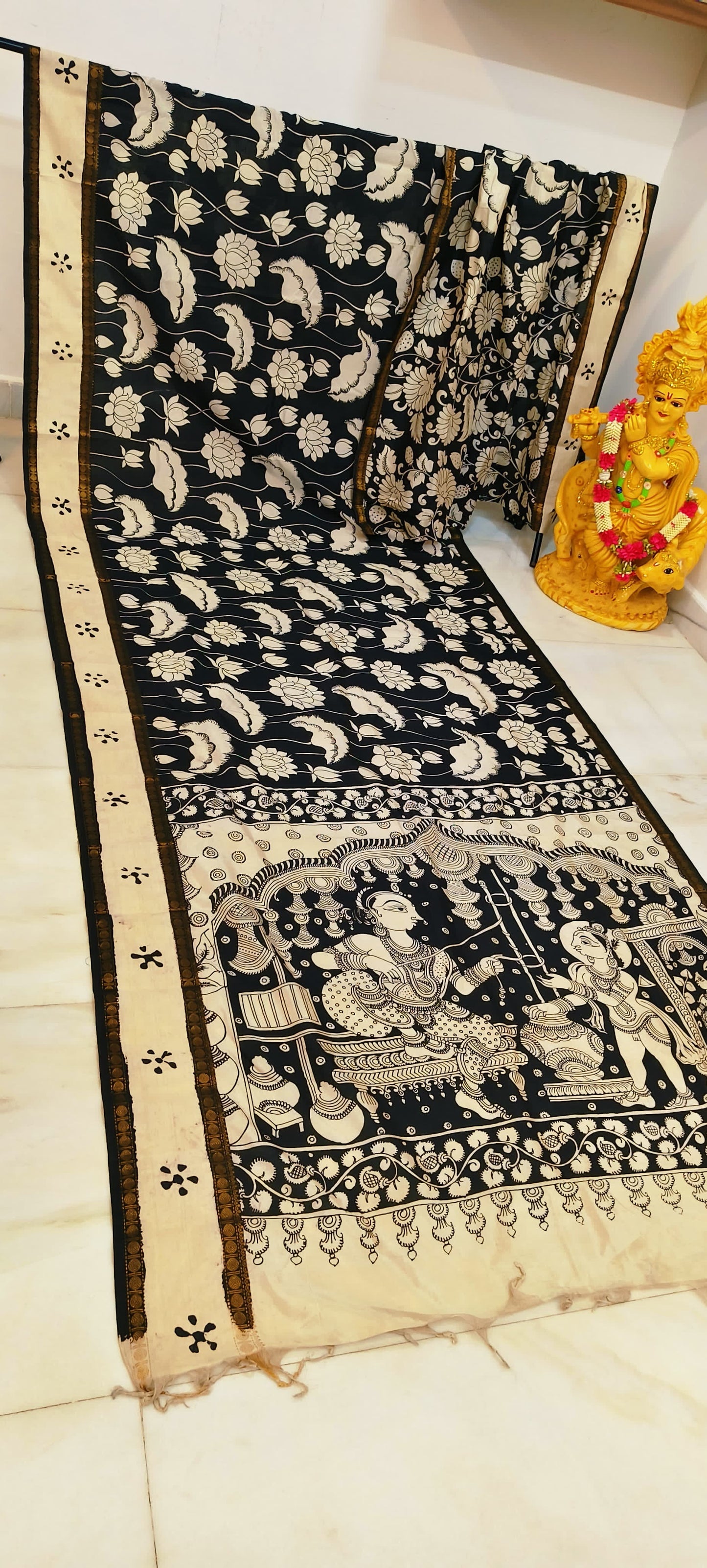 Pre Order Kalamkari Bangalore silk with designer zari border black and white sarees