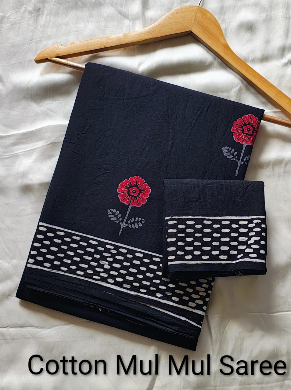 Pre-Order Black Bagru handBlock Print Cotton mulmul Sarees With Running Blouse