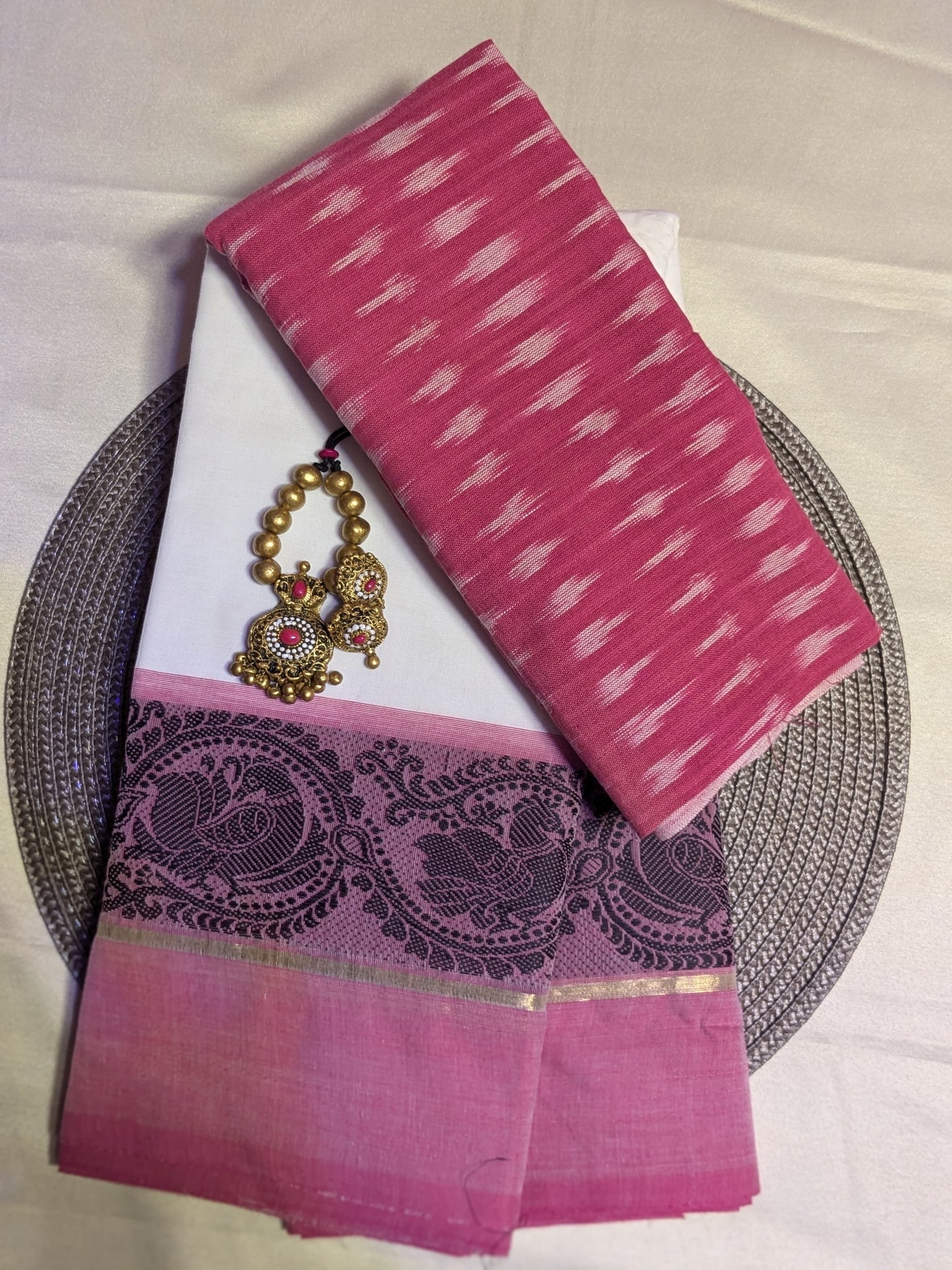 New collection: Pure Chettinad cotton saree with ikkat blouse & terracotta set