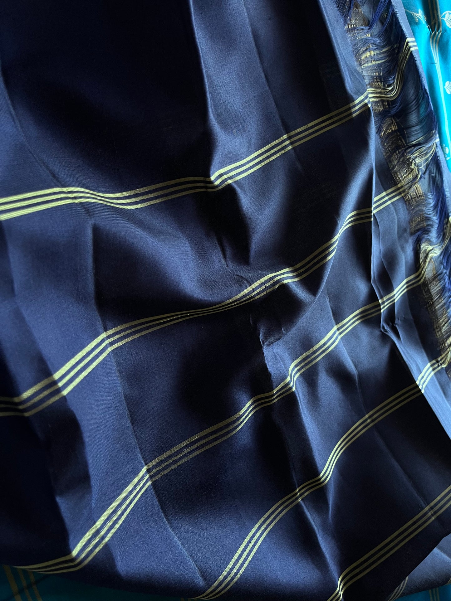 New arrival: Handloom Double Warp beautiful sky blue with navy blue triple striped floral Soft Silk Saree