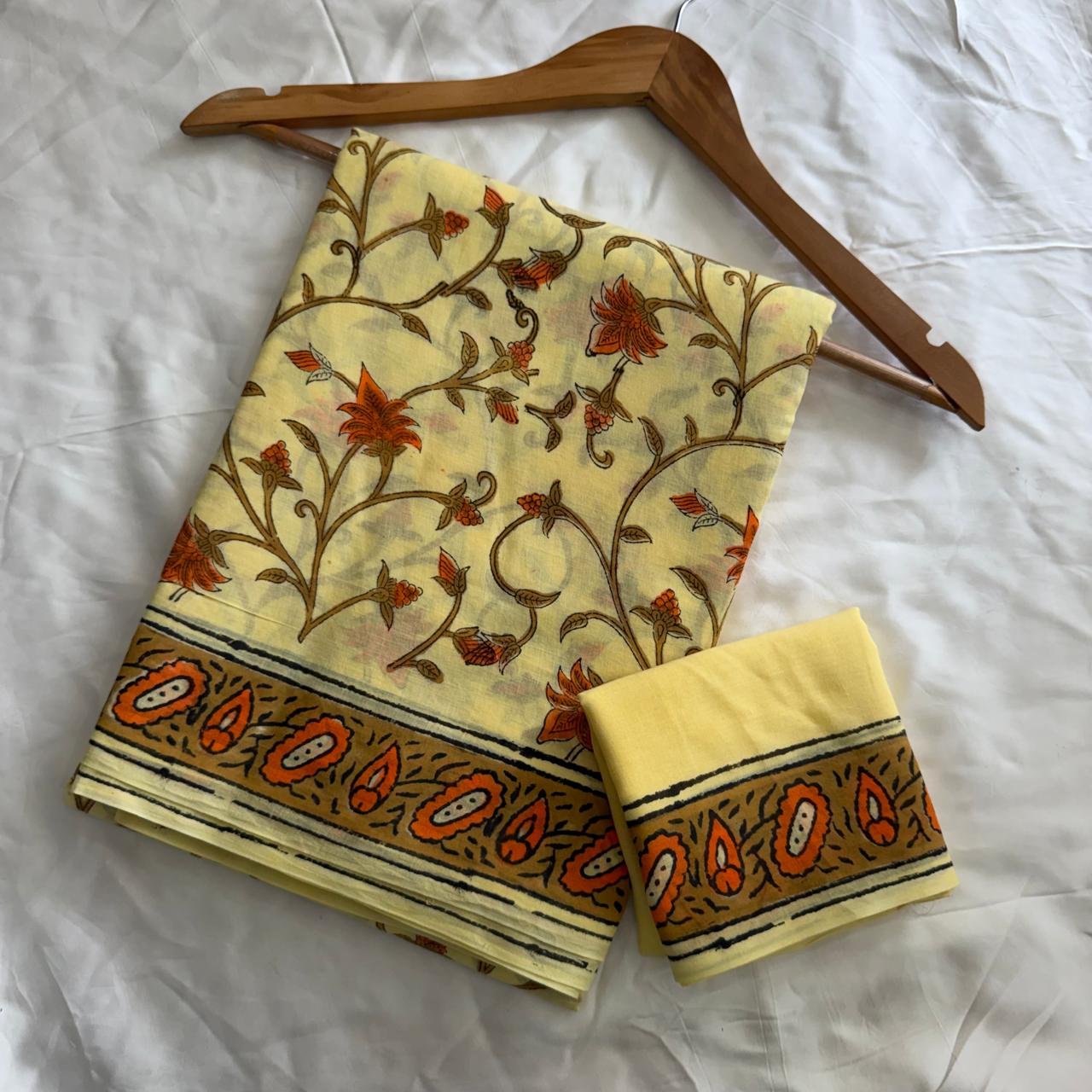 Pre-Order Bagru handBlock Print Cotton mulmul Sarees With Running Blouse