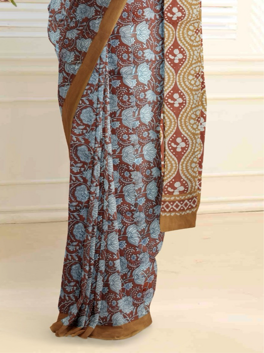 Beautiful Handblock printed pure cotton mulmul saree with blouse