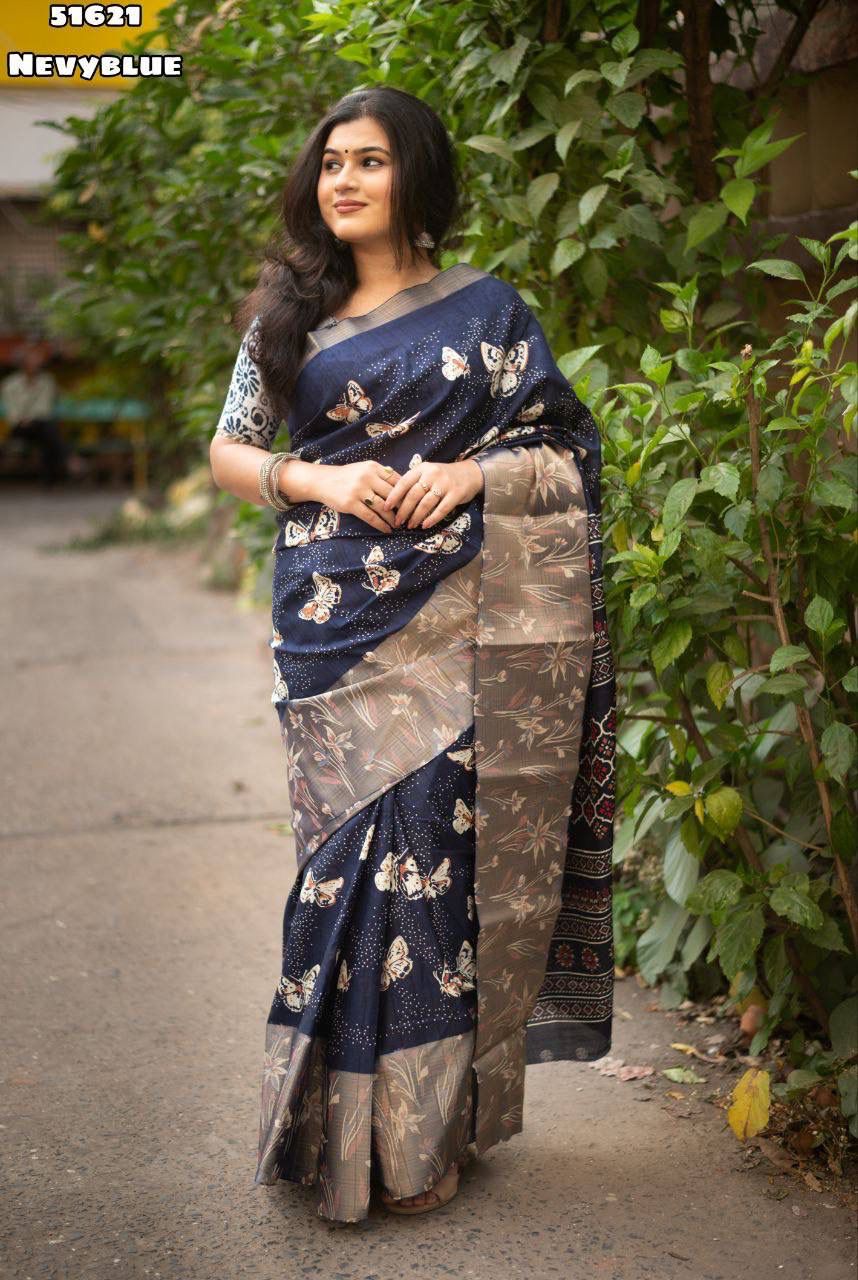 Soft Chanderi linen saree with pretty butterfly prints