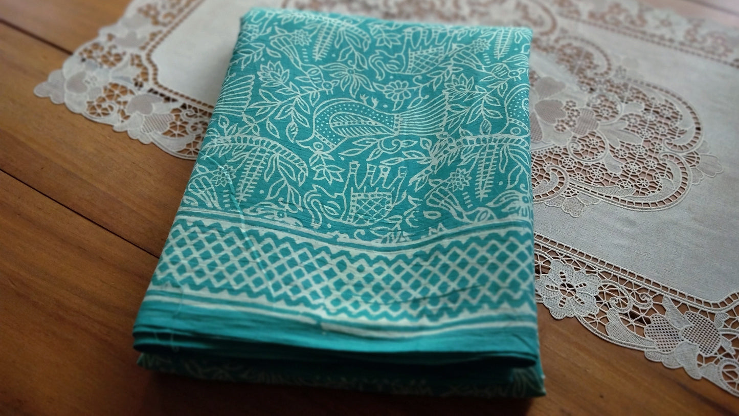 Soft hand printed premium teal green mulmul cotton saree with blouse