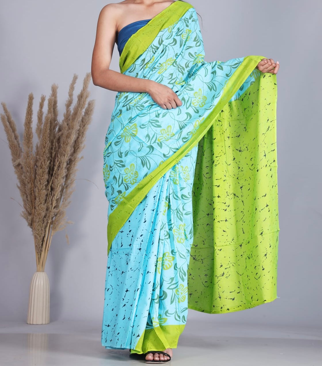 Beautiful hand block printed pure mulmul cotton saree with blouse