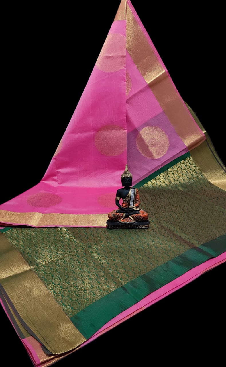 Pre-order Handloom Mercerized silk cotton sarees with all over chakra butta and korvai design.