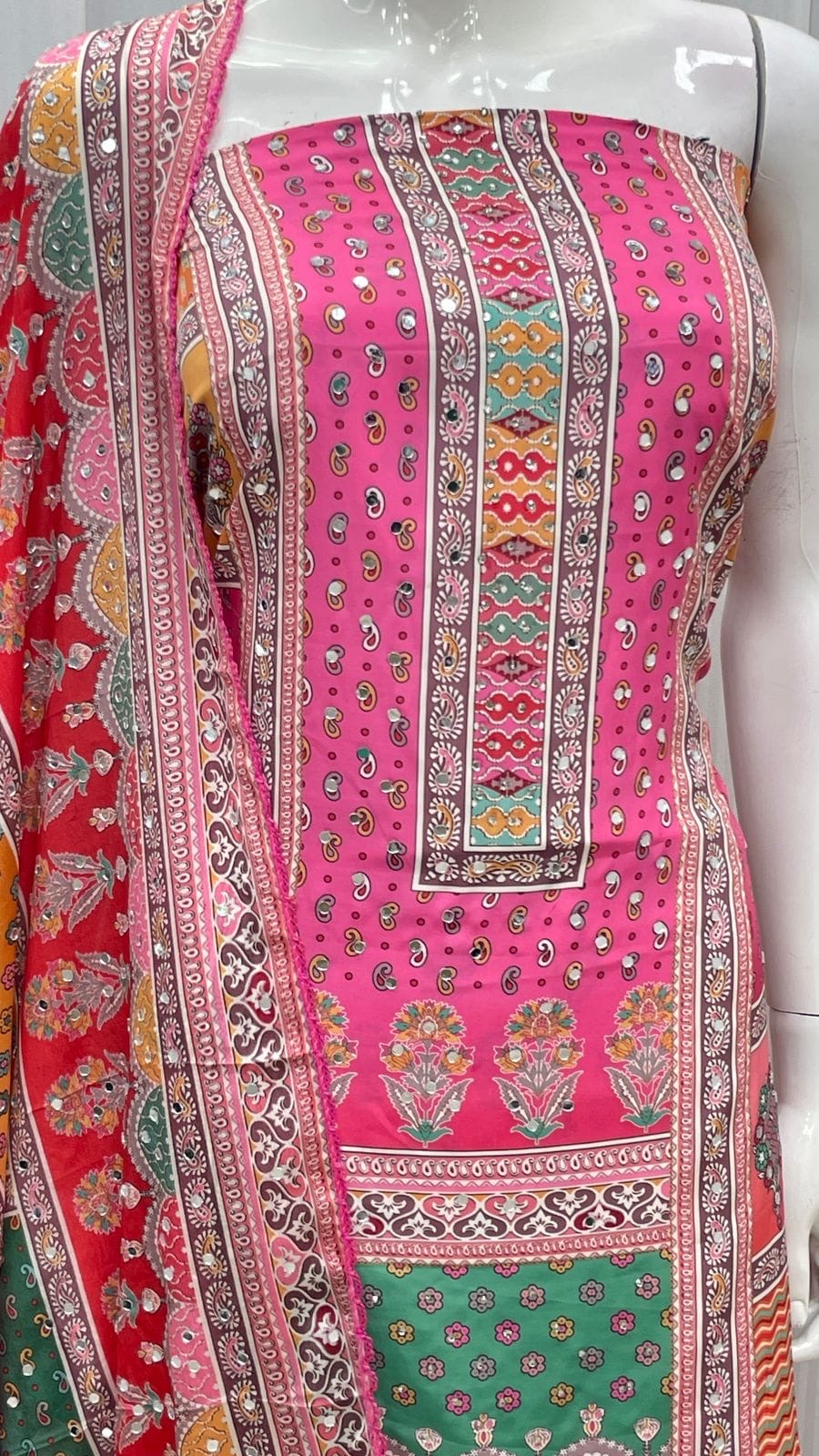 Pre order unstitched salwar suit material : MASLIN KARACHI DIGITAL PRINT MIRROR