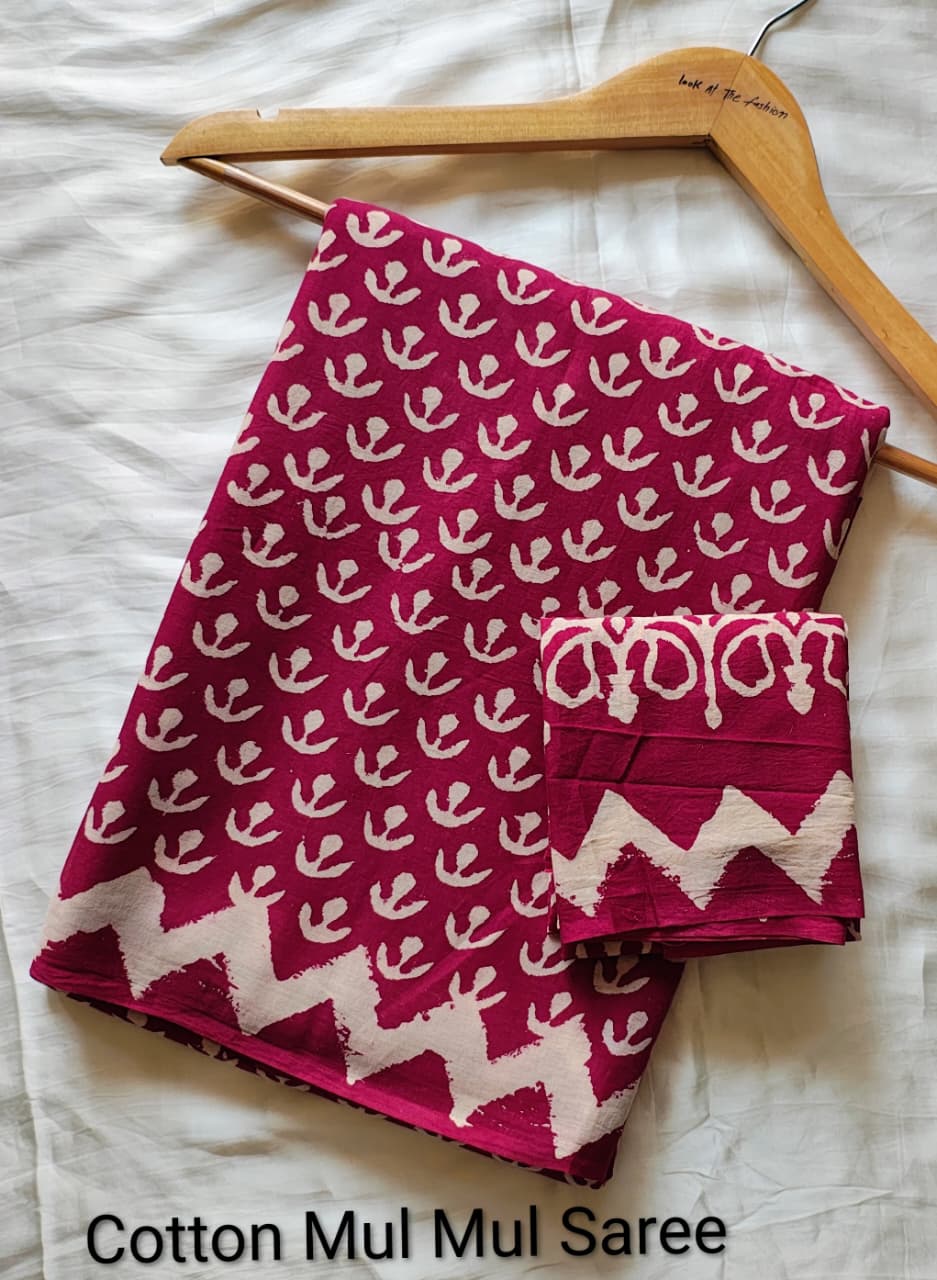 Pre-Order Bagru handBlock Print Cotton mulmul Sarees With Running Blouse