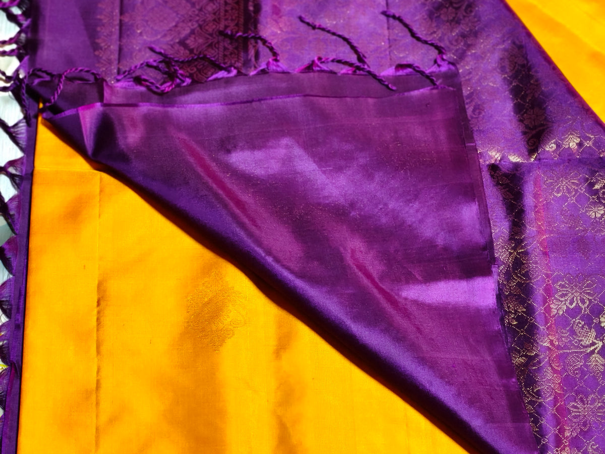 Bright yellow with dark purple beautiful handloom pure soft silk saree