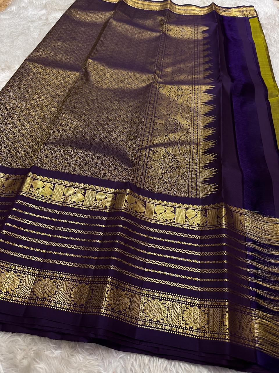 New arrival bridal & festival collection : Pure handloom Kanchipuram silk saree with retta border peacock design 2g gold