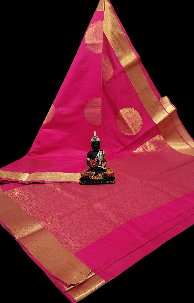 Pre-order Handloom Mercerized silk cotton sarees with all over chakra butta and korvai design.