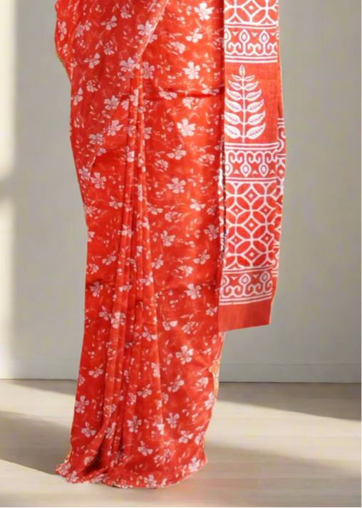 Beautiful Handblock printed pure cotton mulmul saree with blouse