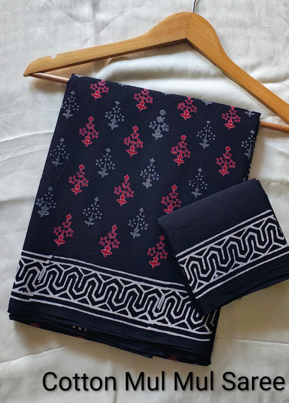 Pre-Order Black Bagru handBlock Print Cotton mulmul Sarees With Running Blouse